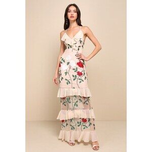 Lulus True To Heart Beige Floral Embroidered Ruffled Tiered Maxi Dress - Size M